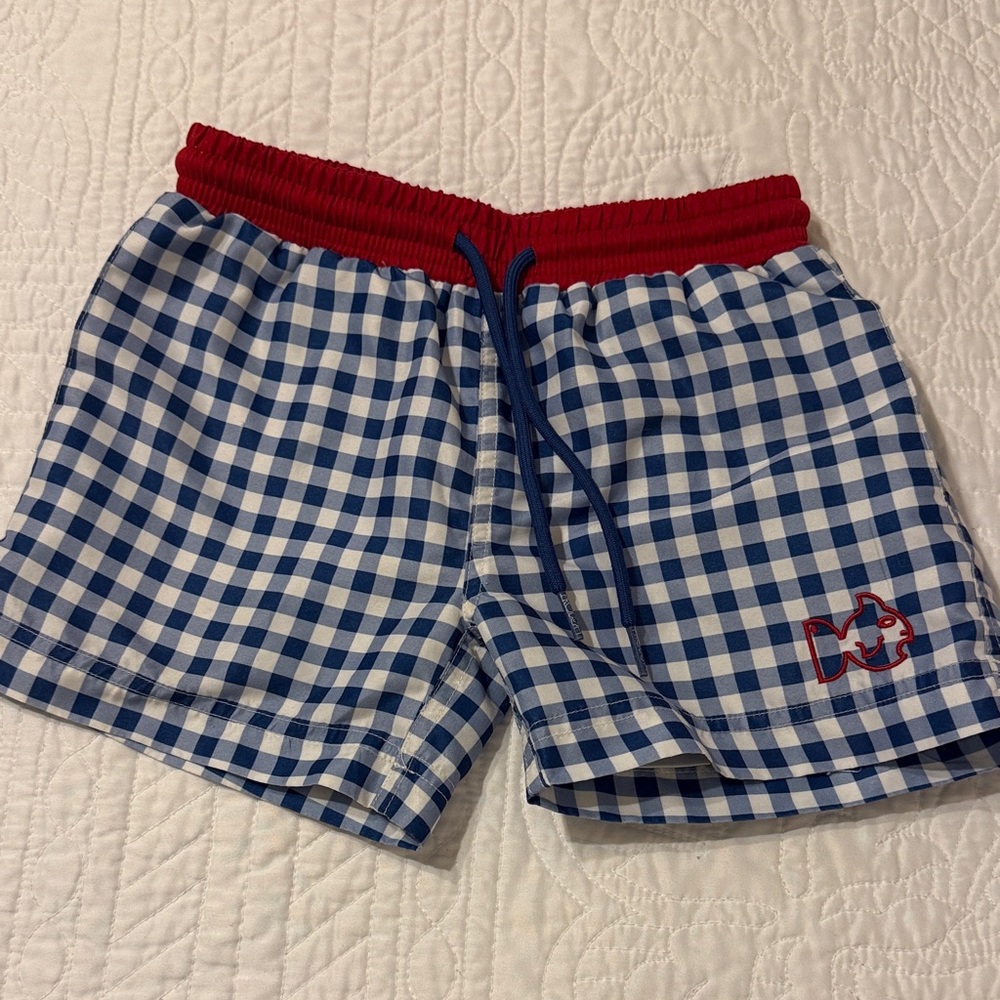 Kids Blue and White Checkered Swim Trunks